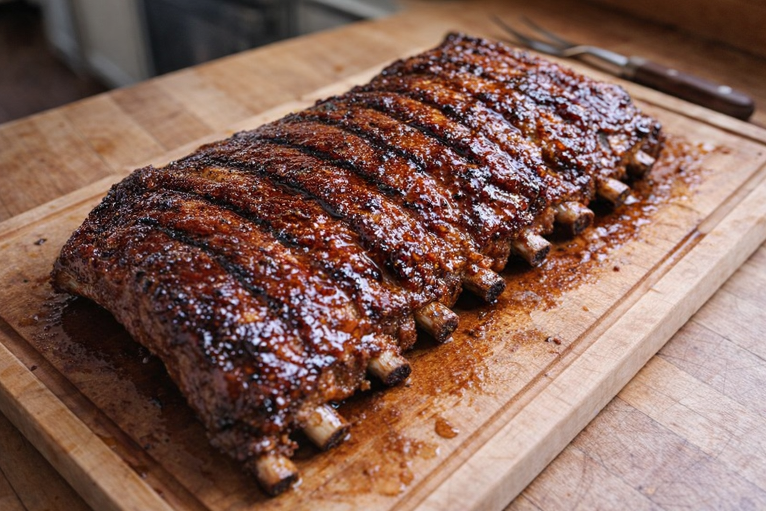 Overhead shot of a rack of perfectly grilled ribs, glazed and glistening, resting on a wooden cutting board with grill marks visible